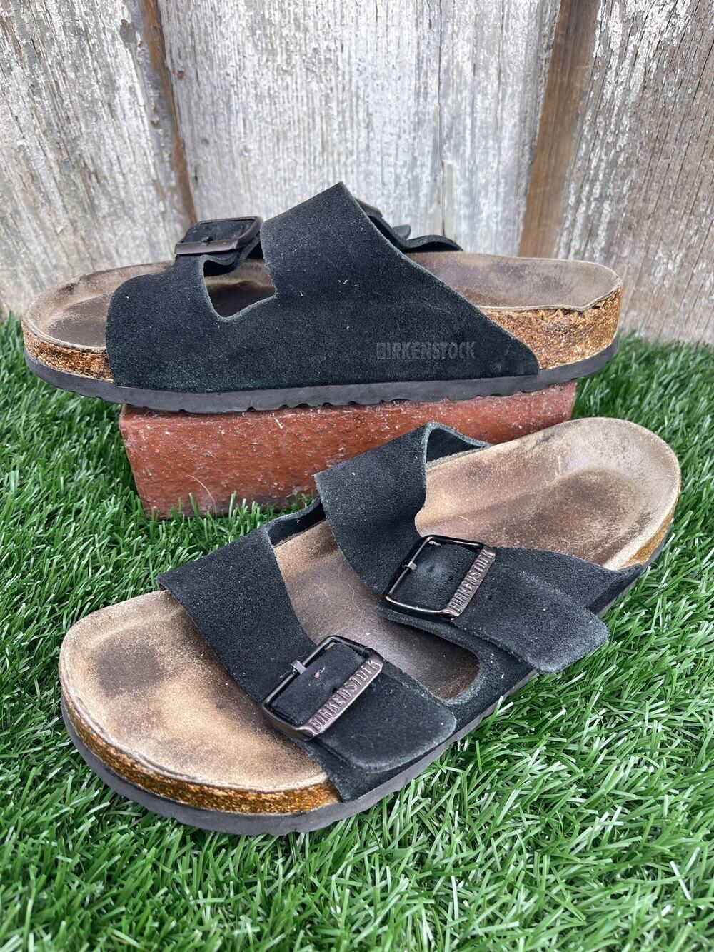 Birkenstock Arizona Black Suede Soft Foodbed Sandals Slides Women's EU38 US 7